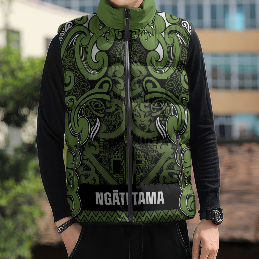 Aotearoa Iwi Ngāti Tama ki Taranaki Trust Sleeveless Puffer Jacket Maori Wharenui House Tribal Pattern