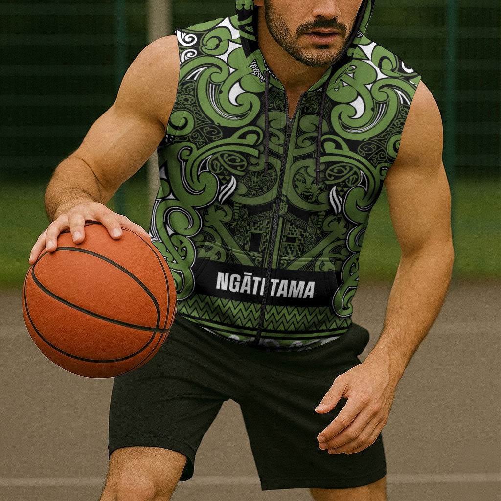 Aotearoa Iwi Ngāti Tama ki Taranaki Trust Sleeveless Zip Hoodie Maori Wharenui House Tribal Pattern