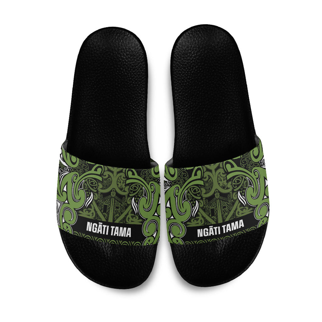 Aotearoa Iwi Ngāti Tama ki Taranaki Trust Slide Sandals Maori Wharenui House Tribal Pattern
