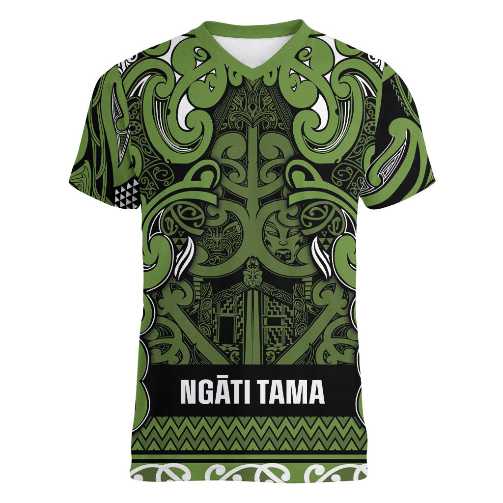 Aotearoa Iwi Ngāti Tama ki Taranaki Trust Women V-Neck T-Shirt Maori Wharenui House Tribal Pattern