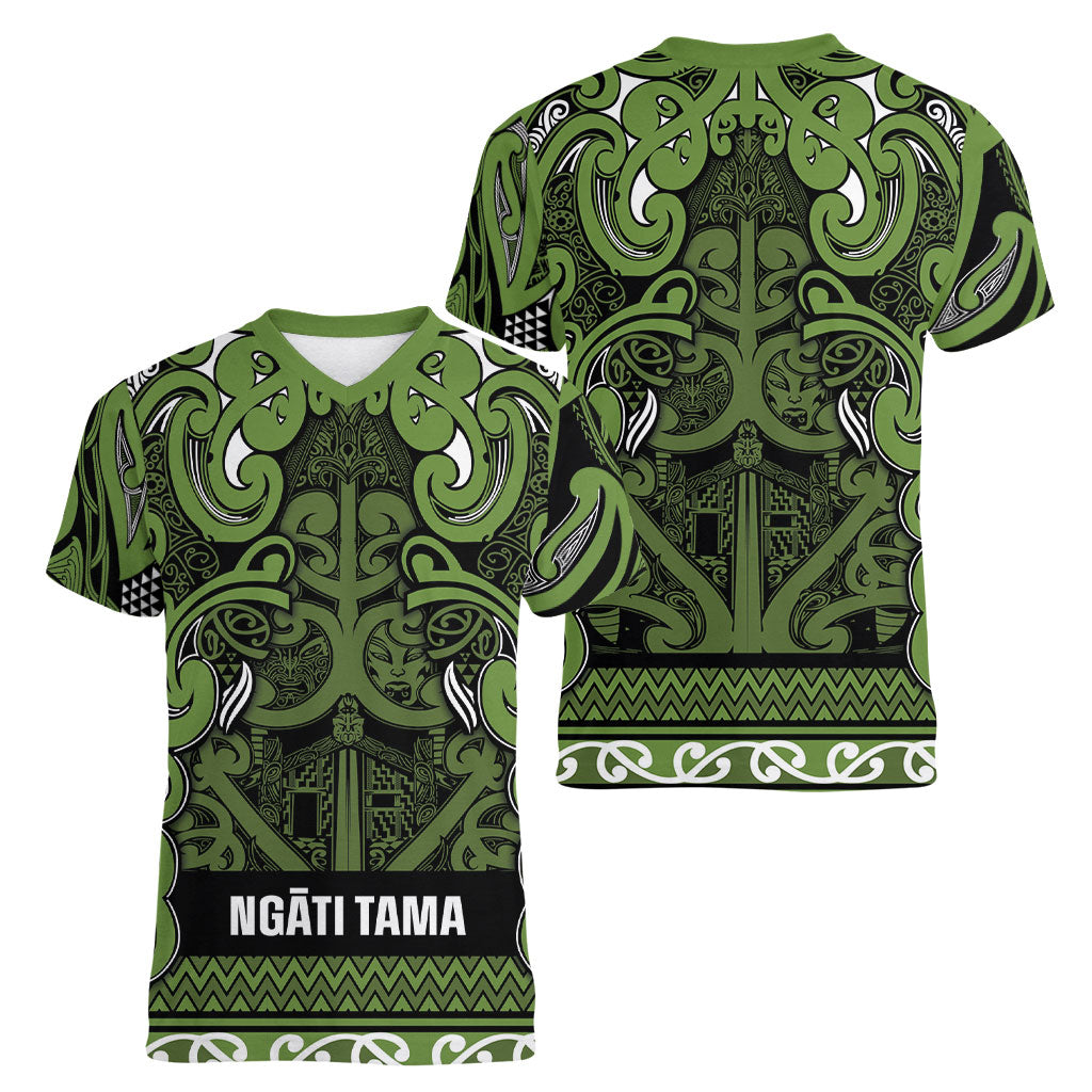 Aotearoa Iwi Ngāti Tama ki Taranaki Trust Women V-Neck T-Shirt Maori Wharenui House Tribal Pattern