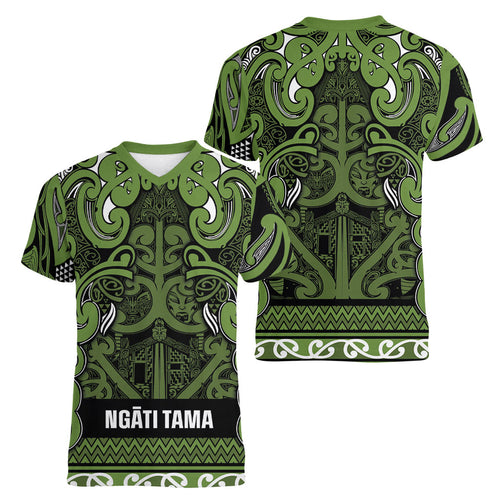 Aotearoa Iwi Ngāti Tama ki Taranaki Trust Women V-Neck T-Shirt Maori Wharenui House Tribal Pattern
