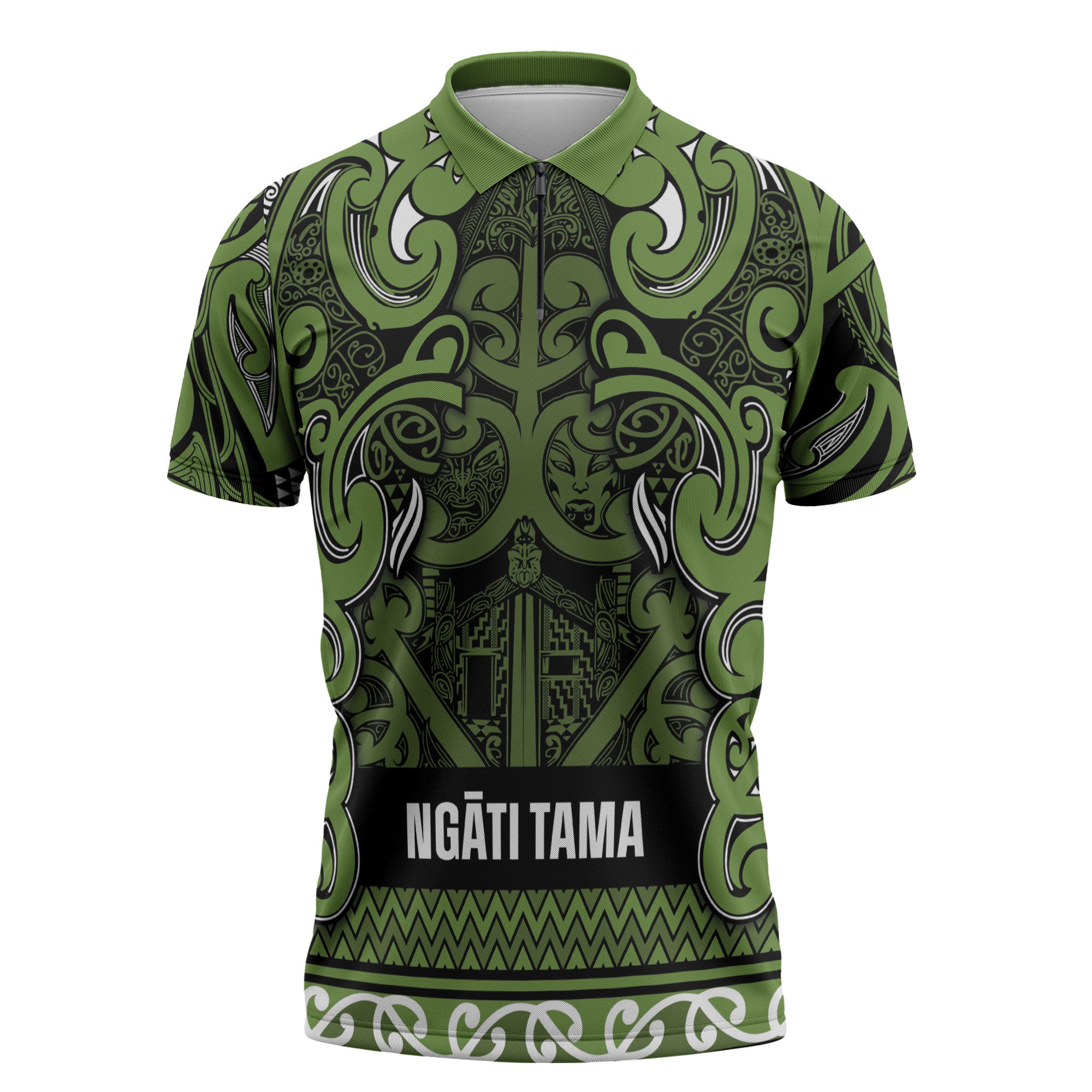 Aotearoa Iwi Ngāti Tama ki Taranaki Trust Zipper Polo Shirt Maori Wharenui House Tribal Pattern