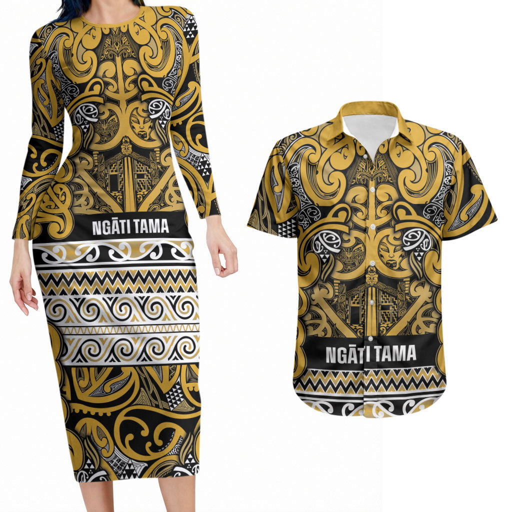 Aotearoa Iwi Ngāti Tama ki Te Waipounamu Trust Couples Matching Long Sleeve Bodycon Dress and Hawaiian Shirt Maori Wharenui House Tribal Pattern