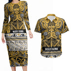 Aotearoa Iwi Ngāti Tama ki Te Waipounamu Trust Couples Matching Long Sleeve Bodycon Dress and Hawaiian Shirt Maori Wharenui House Tribal Pattern