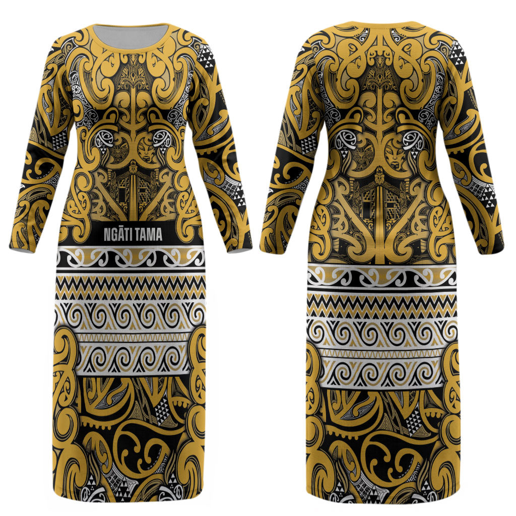 Aotearoa Iwi Ngāti Tama ki Te Waipounamu Trust Couples Matching Long Sleeve Bodycon Dress and Hawaiian Shirt Maori Wharenui House Tribal Pattern