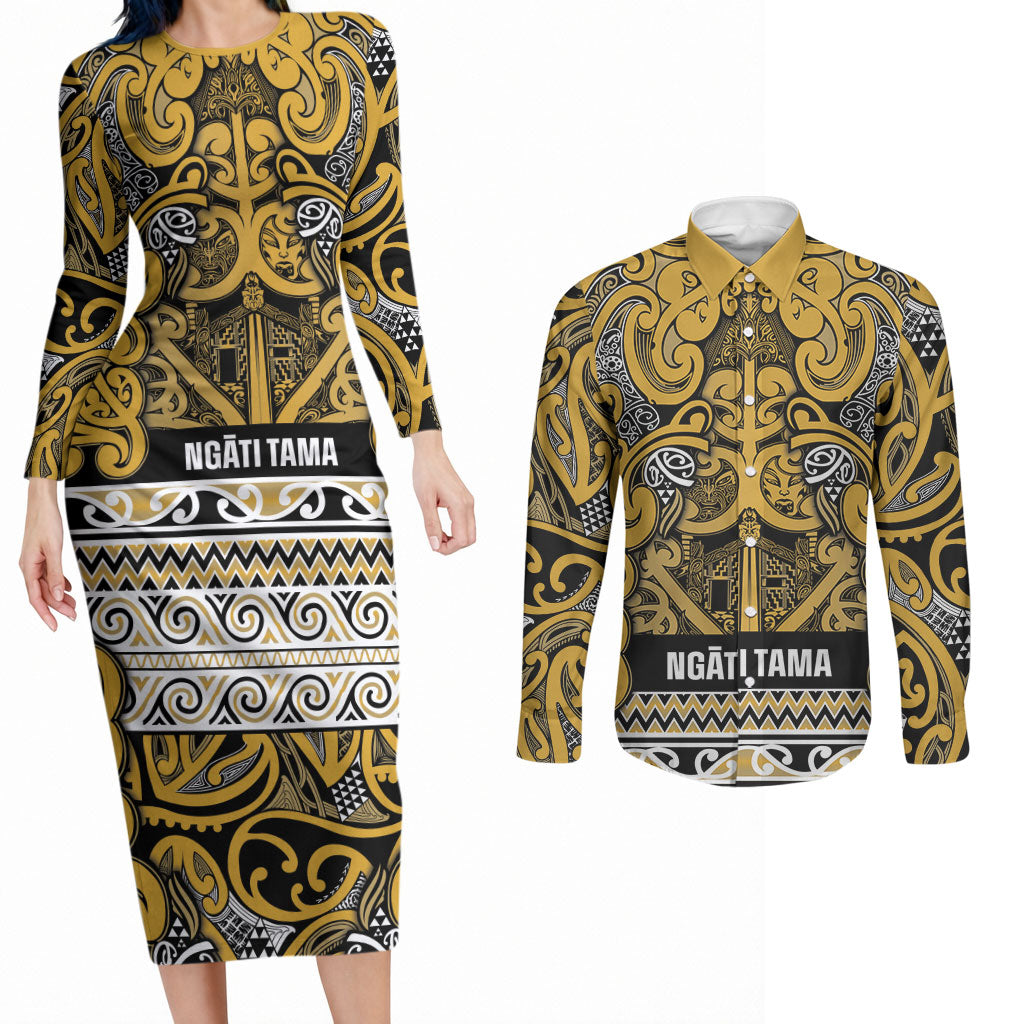 Aotearoa Iwi Ngāti Tama ki Te Waipounamu Trust Couples Matching Long Sleeve Bodycon Dress and Long Sleeve Button Shirt Maori Wharenui House Tribal Pattern