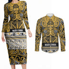 Aotearoa Iwi Ngāti Tama ki Te Waipounamu Trust Couples Matching Long Sleeve Bodycon Dress and Long Sleeve Button Shirt Maori Wharenui House Tribal Pattern