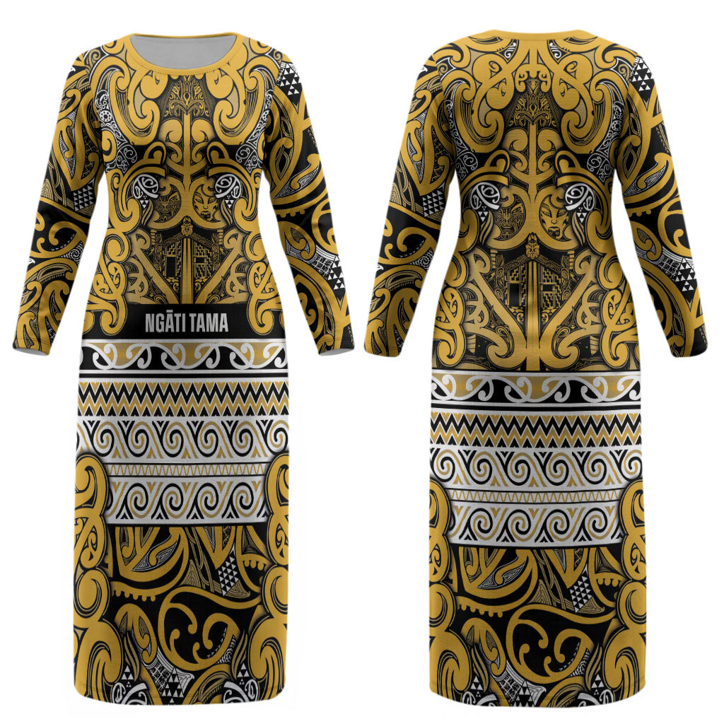 Aotearoa Iwi Ngāti Tama ki Te Waipounamu Trust Couples Matching Long Sleeve Bodycon Dress and Long Sleeve Button Shirt Maori Wharenui House Tribal Pattern