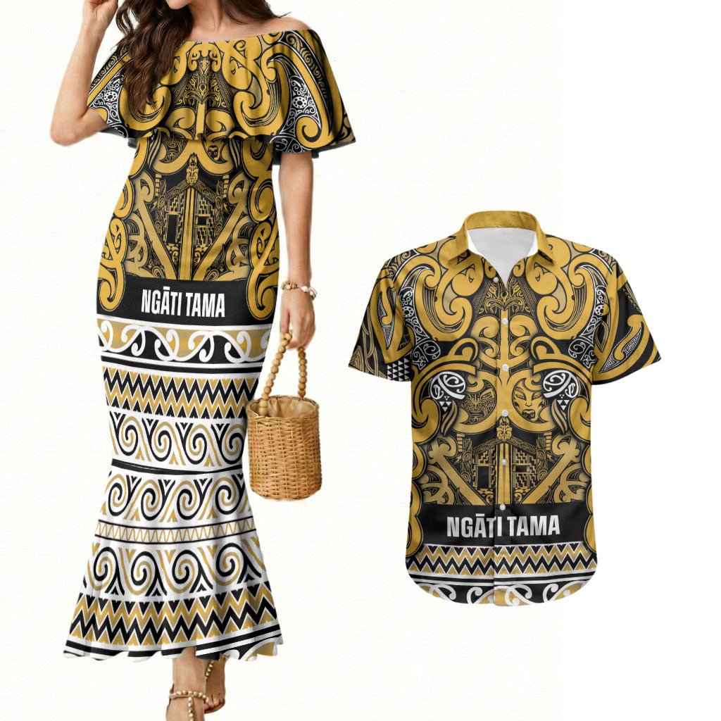 Aotearoa Iwi Ngāti Tama ki Te Waipounamu Trust Couples Matching Mermaid Dress and Hawaiian Shirt Maori Wharenui House Tribal Pattern