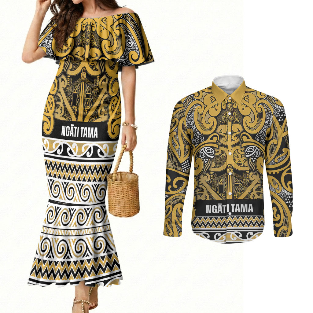 Aotearoa Iwi Ngāti Tama ki Te Waipounamu Trust Couples Matching Mermaid Dress and Long Sleeve Button Shirt Maori Wharenui House Tribal Pattern
