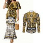 Aotearoa Iwi Ngāti Tama ki Te Waipounamu Trust Couples Matching Mermaid Dress and Long Sleeve Button Shirt Maori Wharenui House Tribal Pattern