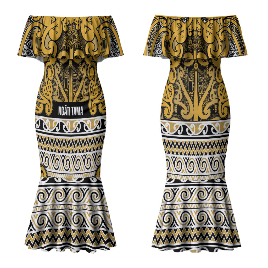 Aotearoa Iwi Ngāti Tama ki Te Waipounamu Trust Couples Matching Mermaid Dress and Long Sleeve Button Shirt Maori Wharenui House Tribal Pattern