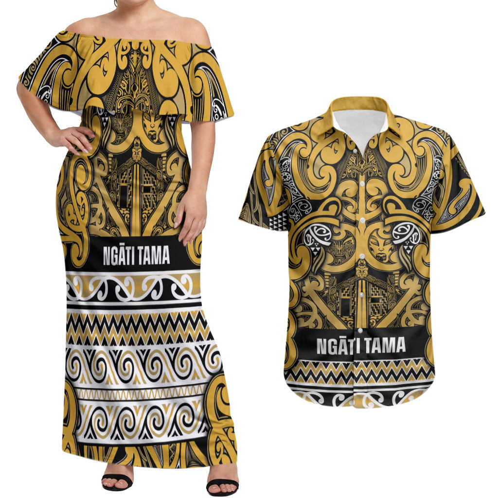 Aotearoa Iwi Ngāti Tama ki Te Waipounamu Trust Couples Matching Off Shoulder Maxi Dress and Hawaiian Shirt Maori Wharenui House Tribal Pattern