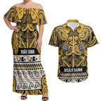Aotearoa Iwi Ngāti Tama ki Te Waipounamu Trust Couples Matching Off Shoulder Maxi Dress and Hawaiian Shirt Maori Wharenui House Tribal Pattern