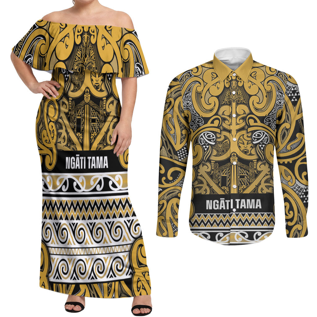 Aotearoa Iwi Ngāti Tama ki Te Waipounamu Trust Couples Matching Off Shoulder Maxi Dress and Long Sleeve Button Shirt Maori Wharenui House Tribal Pattern