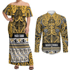 Aotearoa Iwi Ngāti Tama ki Te Waipounamu Trust Couples Matching Off Shoulder Maxi Dress and Long Sleeve Button Shirt Maori Wharenui House Tribal Pattern