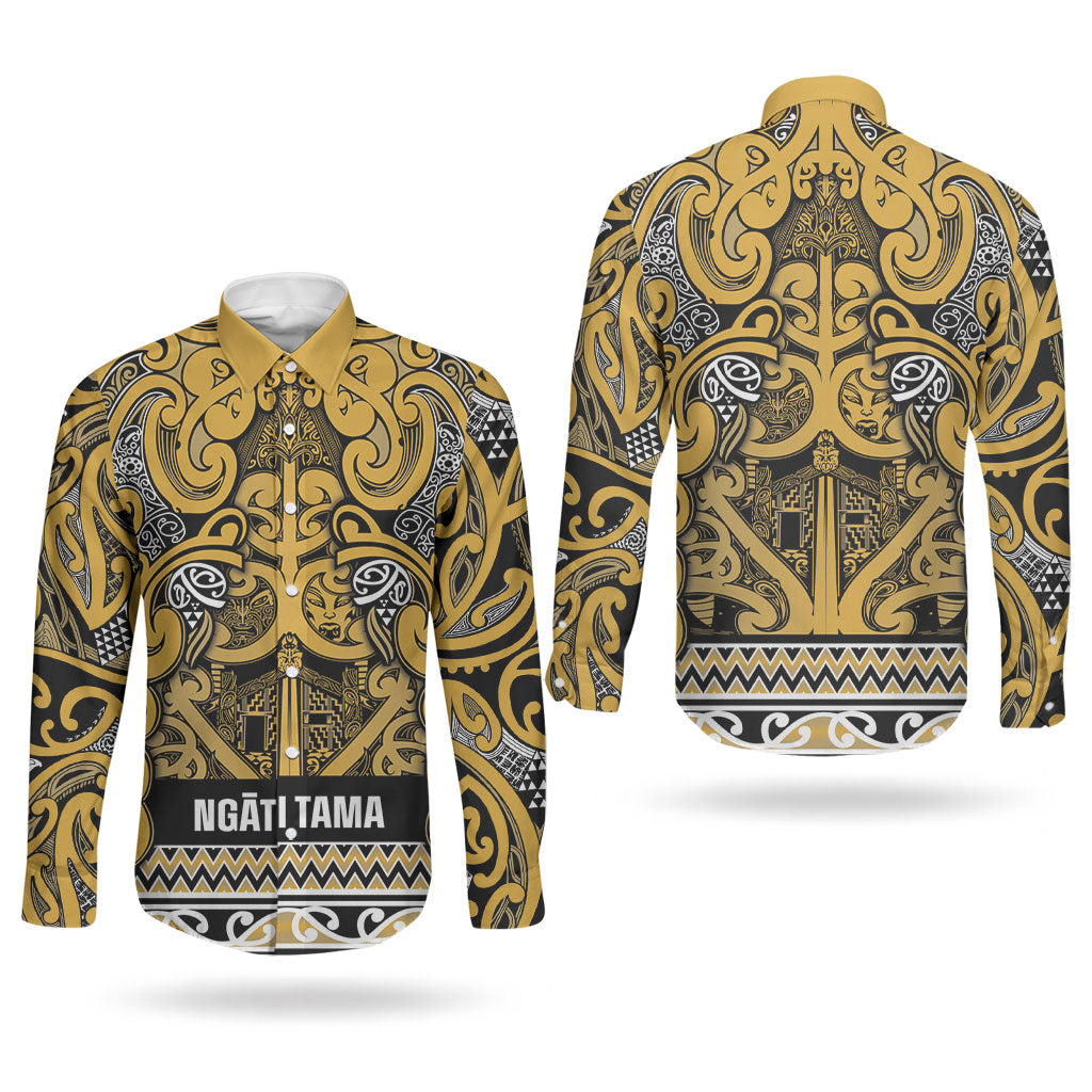 Aotearoa Iwi Ngāti Tama ki Te Waipounamu Trust Couples Matching Off Shoulder Maxi Dress and Long Sleeve Button Shirt Maori Wharenui House Tribal Pattern