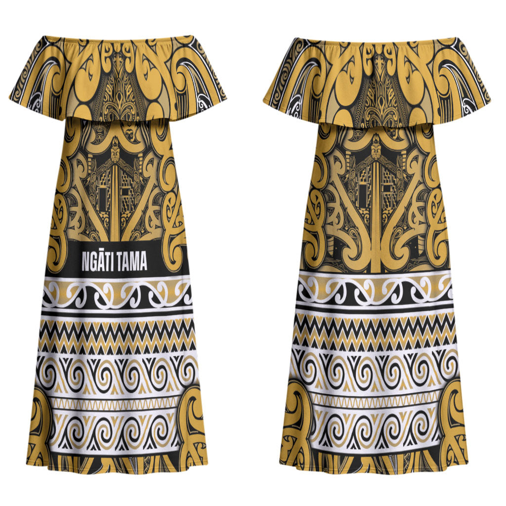 Aotearoa Iwi Ngāti Tama ki Te Waipounamu Trust Couples Matching Off Shoulder Maxi Dress and Long Sleeve Button Shirt Maori Wharenui House Tribal Pattern