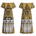 Aotearoa Iwi Ngāti Tama ki Te Waipounamu Trust Couples Matching Off Shoulder Maxi Dress and Long Sleeve Button Shirt Maori Wharenui House Tribal Pattern