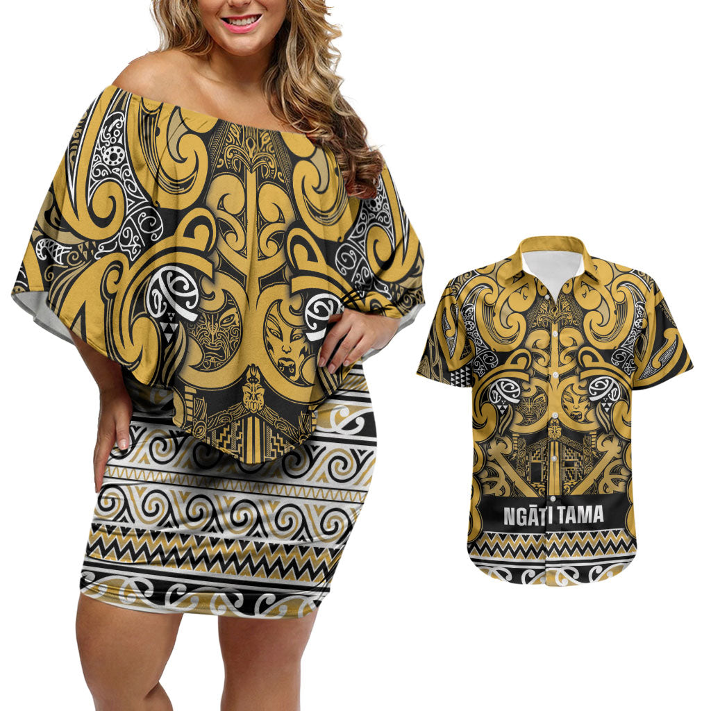 Aotearoa Iwi Ngāti Tama ki Te Waipounamu Trust Couples Matching Off Shoulder Short Dress and Hawaiian Shirt Maori Wharenui House Tribal Pattern