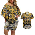 Aotearoa Iwi Ngāti Tama ki Te Waipounamu Trust Couples Matching Off Shoulder Short Dress and Hawaiian Shirt Maori Wharenui House Tribal Pattern