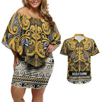 Aotearoa Iwi Ngāti Tama ki Te Waipounamu Trust Couples Matching Off Shoulder Short Dress and Hawaiian Shirt Maori Wharenui House Tribal Pattern