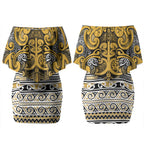 Aotearoa Iwi Ngāti Tama ki Te Waipounamu Trust Couples Matching Off Shoulder Short Dress and Hawaiian Shirt Maori Wharenui House Tribal Pattern