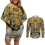 Aotearoa Iwi Ngāti Tama ki Te Waipounamu Trust Couples Matching Off Shoulder Short Dress and Long Sleeve Button Shirt Maori Wharenui House Tribal Pattern