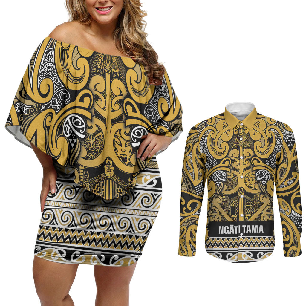 Aotearoa Iwi Ngāti Tama ki Te Waipounamu Trust Couples Matching Off Shoulder Short Dress and Long Sleeve Button Shirt Maori Wharenui House Tribal Pattern