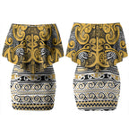Aotearoa Iwi Ngāti Tama ki Te Waipounamu Trust Couples Matching Off Shoulder Short Dress and Long Sleeve Button Shirt Maori Wharenui House Tribal Pattern