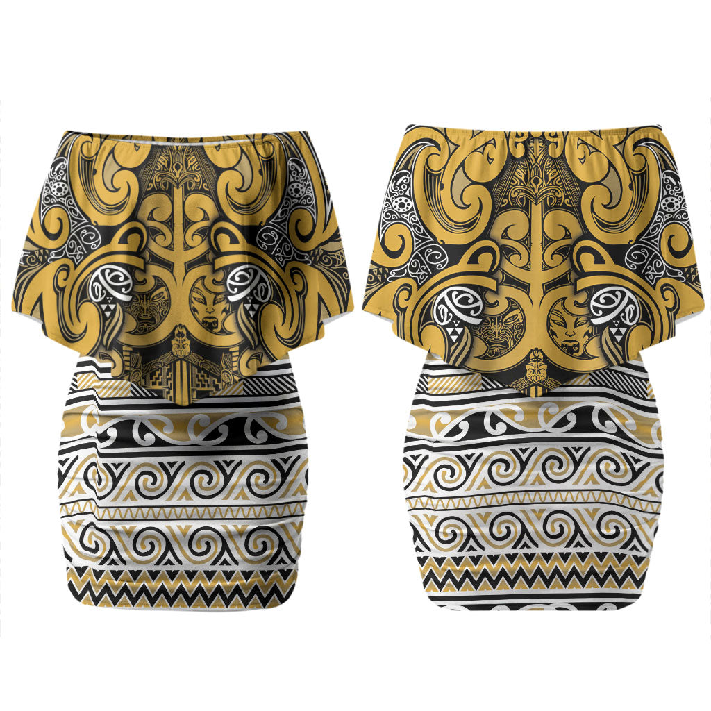 Aotearoa Iwi Ngāti Tama ki Te Waipounamu Trust Couples Matching Off Shoulder Short Dress and Long Sleeve Button Shirt Maori Wharenui House Tribal Pattern