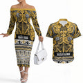 Aotearoa Iwi Ngāti Tama ki Te Waipounamu Trust Couples Matching Off The Shoulder Long Sleeve Dress and Hawaiian Shirt Maori Wharenui House Tribal Pattern