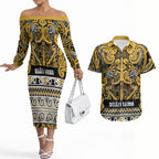 Aotearoa Iwi Ngāti Tama ki Te Waipounamu Trust Couples Matching Off The Shoulder Long Sleeve Dress and Hawaiian Shirt Maori Wharenui House Tribal Pattern