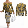 Aotearoa Iwi Ngāti Tama ki Te Waipounamu Trust Couples Matching Off The Shoulder Long Sleeve Dress and Long Sleeve Button Shirt Maori Wharenui House Tribal Pattern