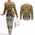 Aotearoa Iwi Ngāti Tama ki Te Waipounamu Trust Couples Matching Off The Shoulder Long Sleeve Dress and Long Sleeve Button Shirt Maori Wharenui House Tribal Pattern