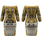 Aotearoa Iwi Ngāti Tama ki Te Waipounamu Trust Couples Matching Off The Shoulder Long Sleeve Dress and Long Sleeve Button Shirt Maori Wharenui House Tribal Pattern