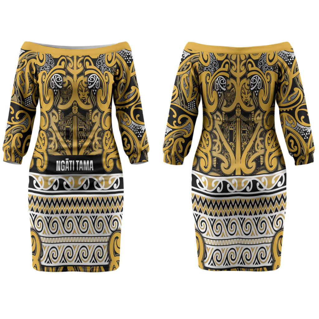 Aotearoa Iwi Ngāti Tama ki Te Waipounamu Trust Couples Matching Off The Shoulder Long Sleeve Dress and Long Sleeve Button Shirt Maori Wharenui House Tribal Pattern