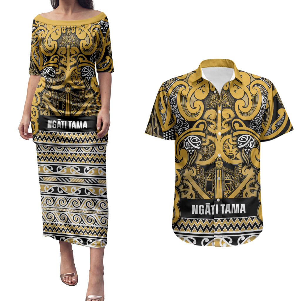 Aotearoa Iwi Ngāti Tama ki Te Waipounamu Trust Couples Matching Puletasi and Hawaiian Shirt Maori Wharenui House Tribal Pattern