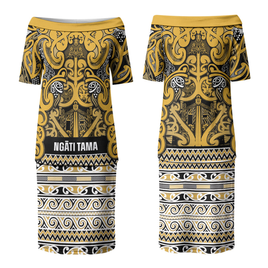 Aotearoa Iwi Ngāti Tama ki Te Waipounamu Trust Couples Matching Puletasi and Hawaiian Shirt Maori Wharenui House Tribal Pattern