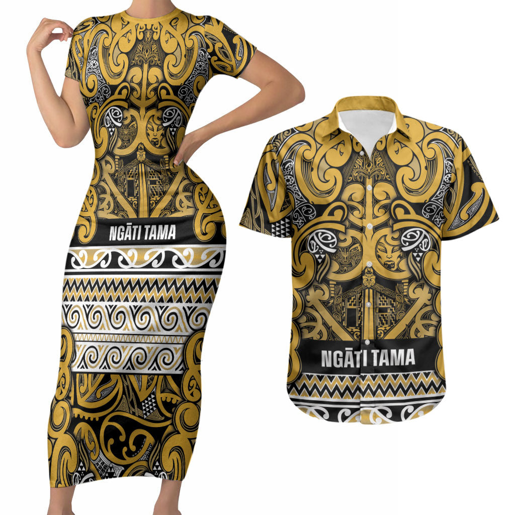Aotearoa Iwi Ngāti Tama ki Te Waipounamu Trust Couples Matching Short Sleeve Bodycon Dress and Hawaiian Shirt Maori Wharenui House Tribal Pattern