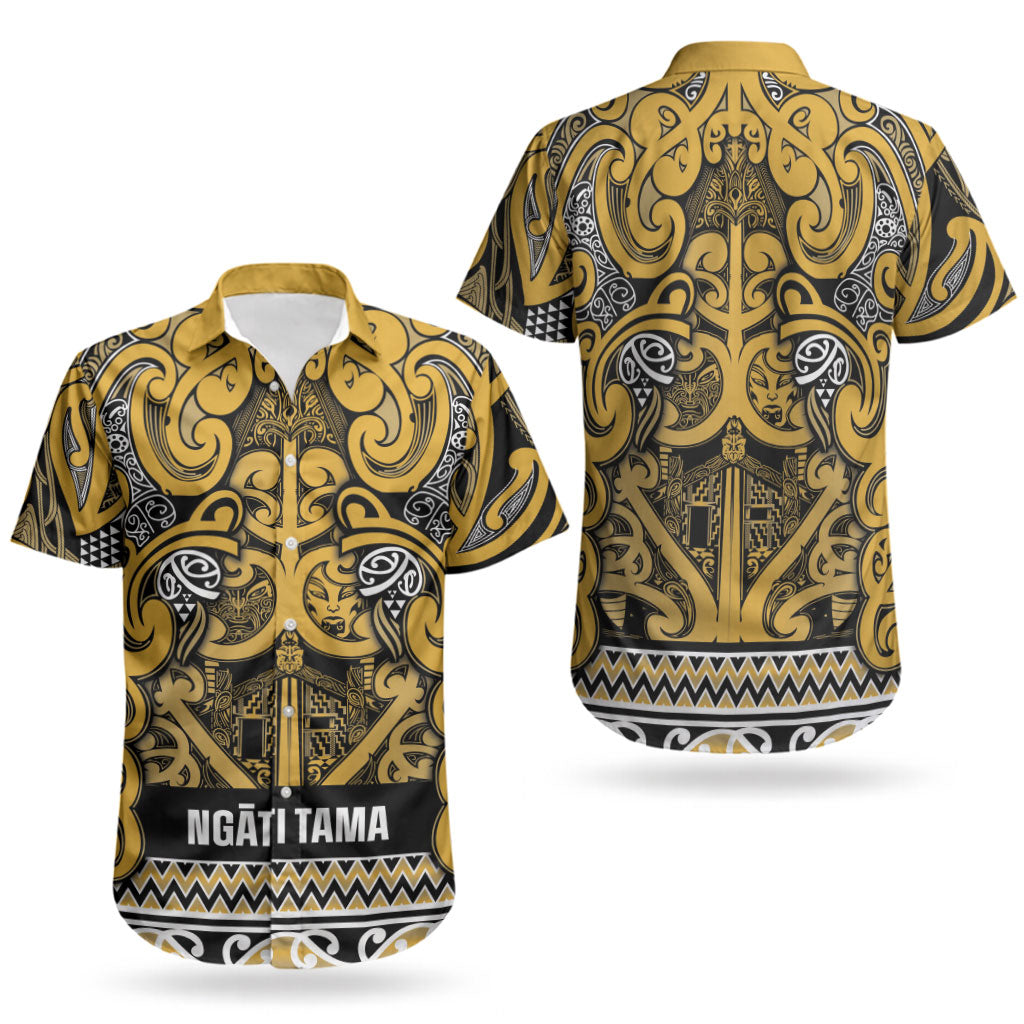 Aotearoa Iwi Ngāti Tama ki Te Waipounamu Trust Couples Matching Short Sleeve Bodycon Dress and Hawaiian Shirt Maori Wharenui House Tribal Pattern