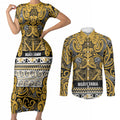 Aotearoa Iwi Ngāti Tama ki Te Waipounamu Trust Couples Matching Short Sleeve Bodycon Dress and Long Sleeve Button Shirt Maori Wharenui House Tribal Pattern