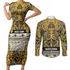Aotearoa Iwi Ngāti Tama ki Te Waipounamu Trust Couples Matching Short Sleeve Bodycon Dress and Long Sleeve Button Shirt Maori Wharenui House Tribal Pattern