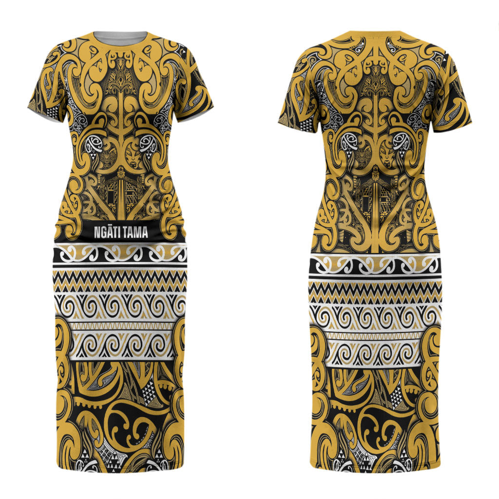 Aotearoa Iwi Ngāti Tama ki Te Waipounamu Trust Couples Matching Short Sleeve Bodycon Dress and Long Sleeve Button Shirt Maori Wharenui House Tribal Pattern