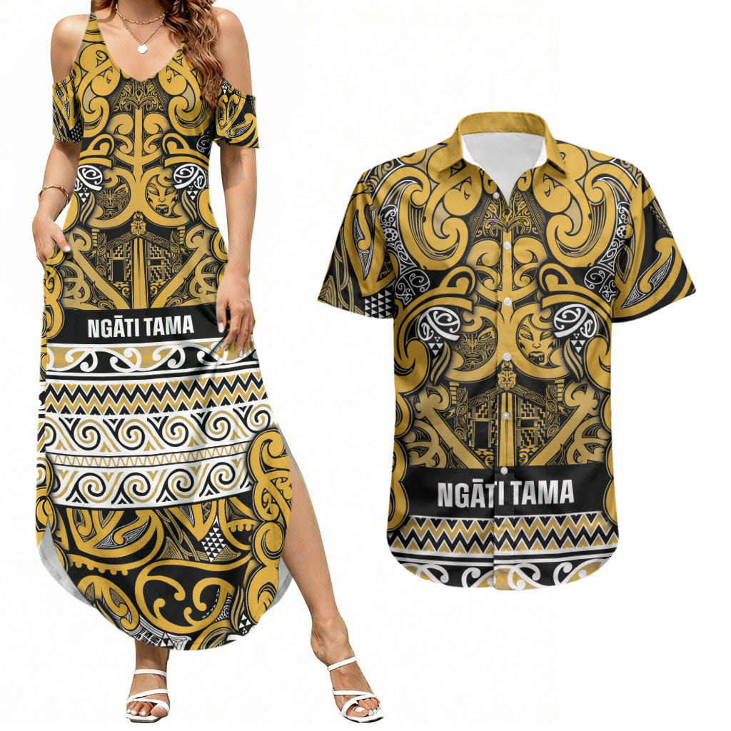 Aotearoa Iwi Ngāti Tama ki Te Waipounamu Trust Couples Matching Summer Maxi Dress and Hawaiian Shirt Maori Wharenui House Tribal Pattern