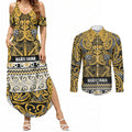 Aotearoa Iwi Ngāti Tama ki Te Waipounamu Trust Couples Matching Summer Maxi Dress and Long Sleeve Button Shirt Maori Wharenui House Tribal Pattern