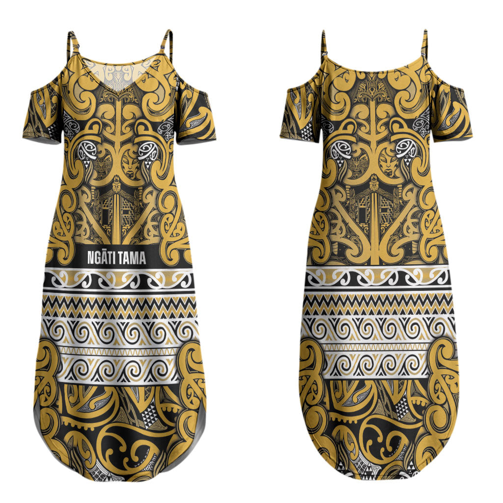 Aotearoa Iwi Ngāti Tama ki Te Waipounamu Trust Couples Matching Summer Maxi Dress and Long Sleeve Button Shirt Maori Wharenui House Tribal Pattern
