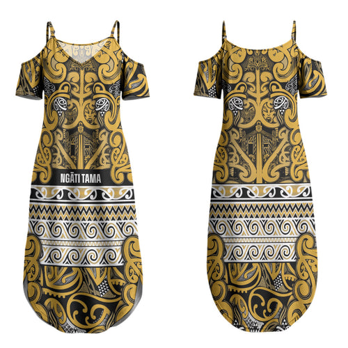 Aotearoa Iwi Ngāti Tama ki Te Waipounamu Trust Couples Matching Summer Maxi Dress and Long Sleeve Button Shirt Maori Wharenui House Tribal Pattern
