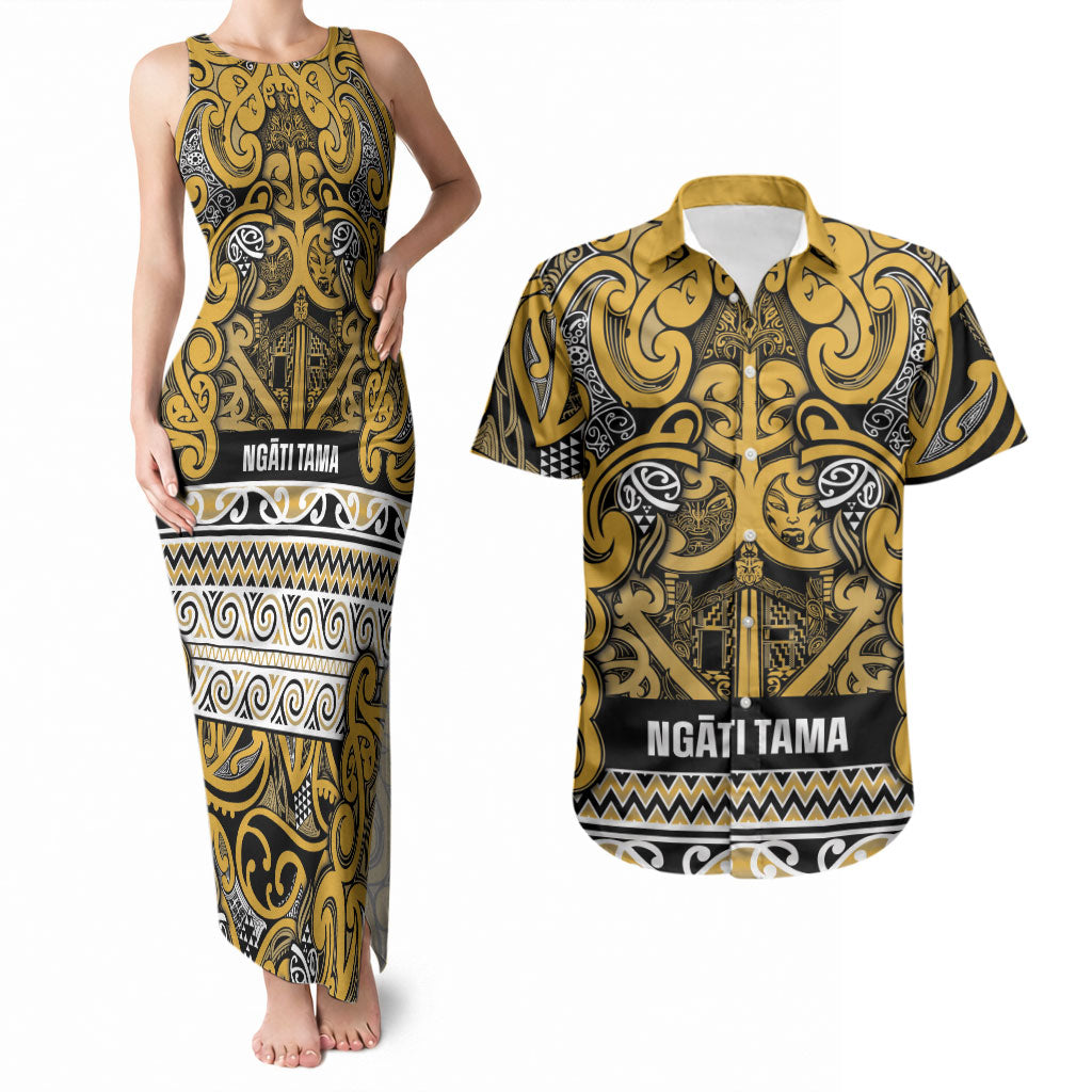 Aotearoa Iwi Ngāti Tama ki Te Waipounamu Trust Couples Matching Tank Maxi Dress and Hawaiian Shirt Maori Wharenui House Tribal Pattern